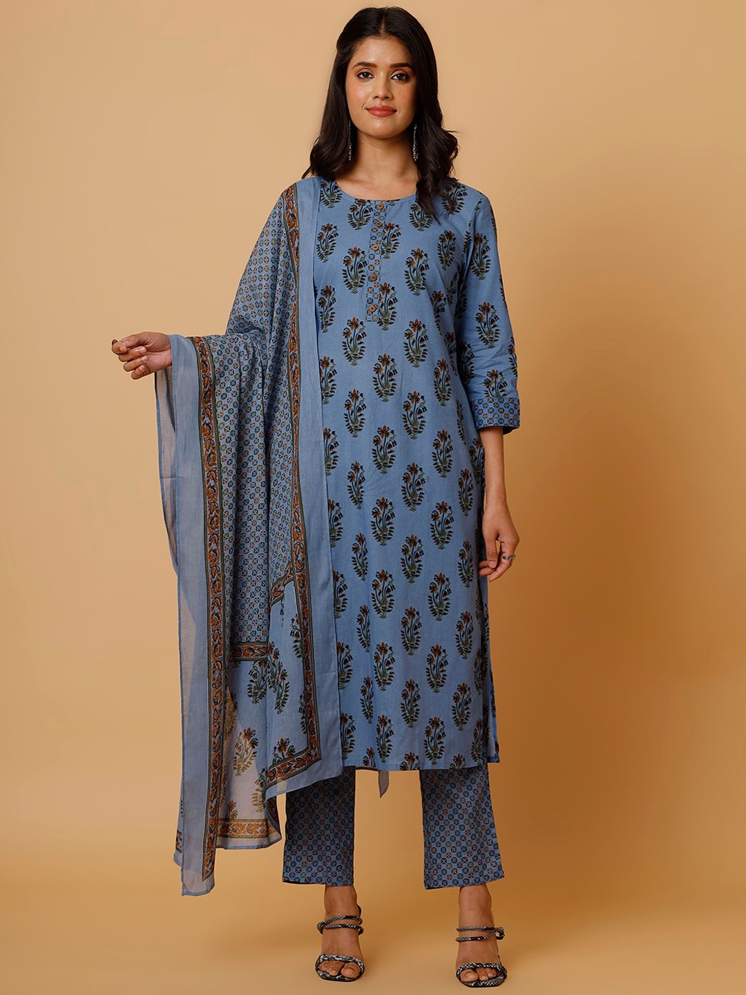 

soan Floral Printed Pure Cotton Straight Kurta with Trouser & Dupatta, Blue