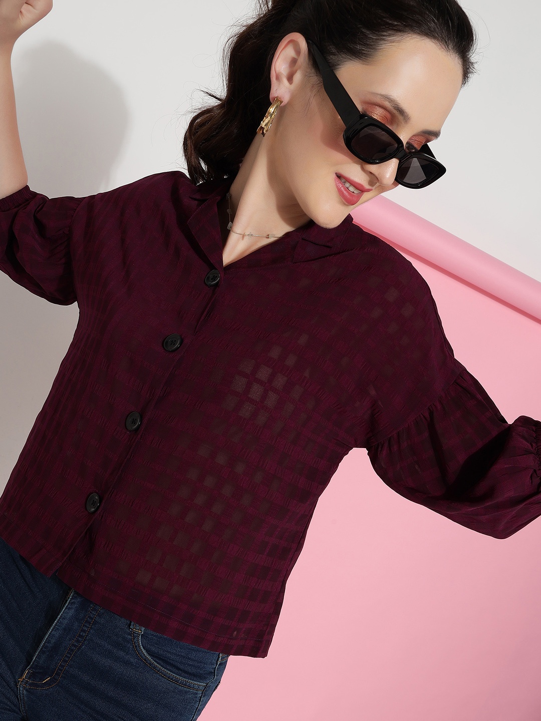

CLEMIRA Vertical Stripes Shirt Style Top, Maroon