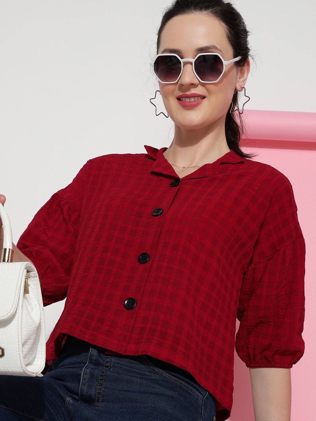 

CLEMIRA Extended Sleeves Checked Crepe Shirt Style Top, Red