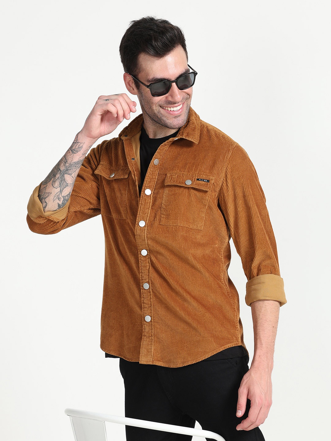 

FLY 69 Spread Collar Slim Fit Corduroy Casual Shirt, Brown