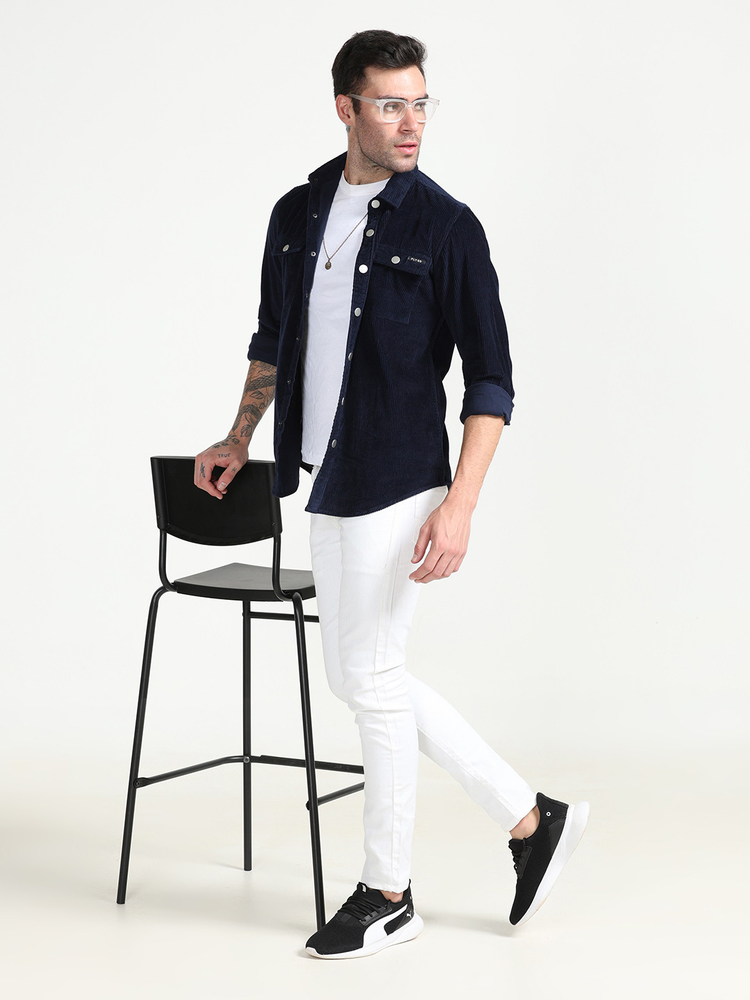 

FLY 69 Spread Collar Slim Fit Corduroy Casual Shirt, Navy blue