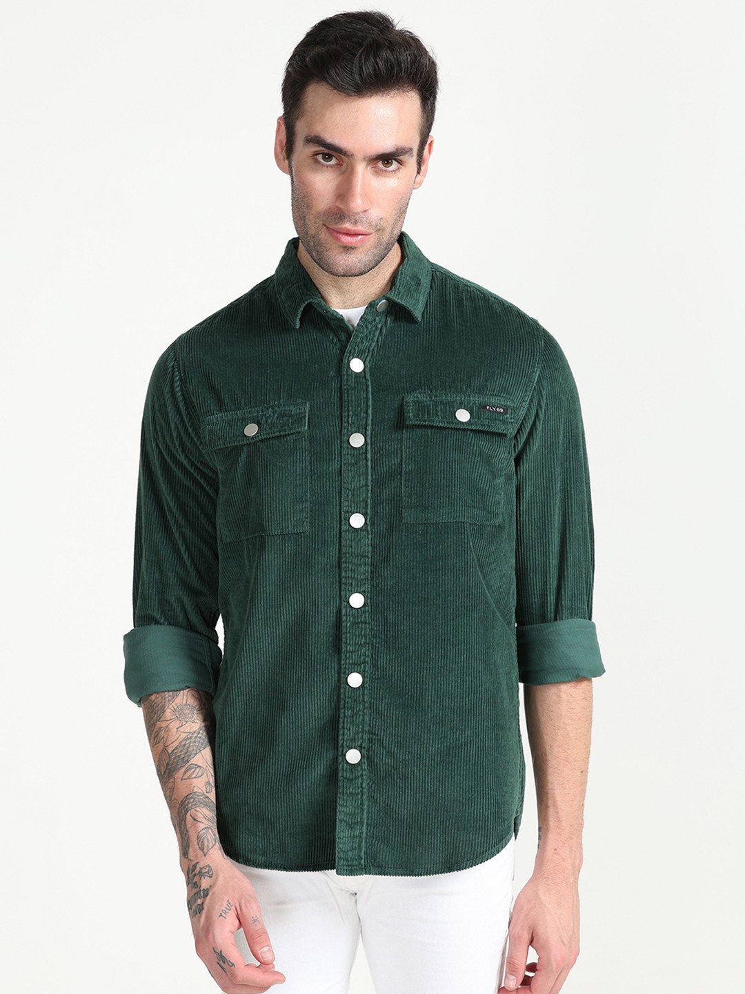 

FLY 69 Premium Spread Collar Slim Fit Corduroy Casual Shirt, Green