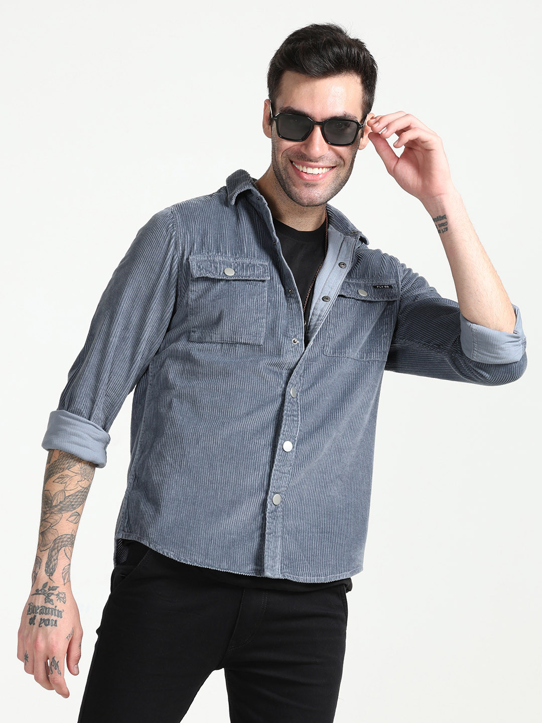 

FLY 69 Premium Spread Collar Slim Fit Corduroy Casual Shirt, Grey