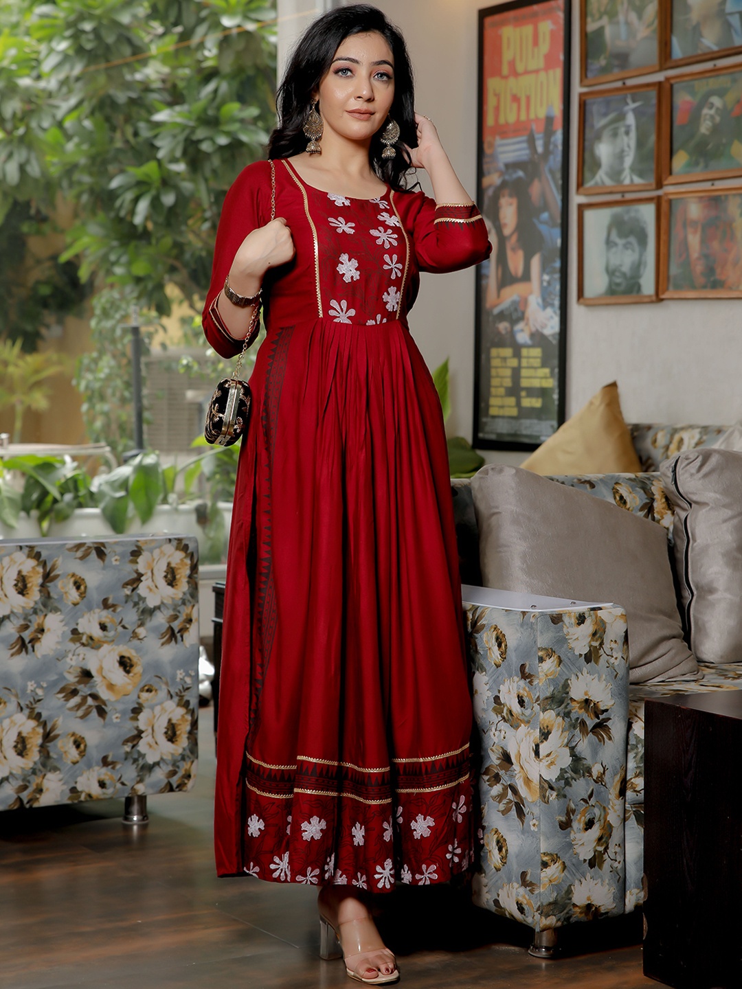 

Indi INSIDE Floral Printed Gotta Patti Anarkali Kurta, Maroon