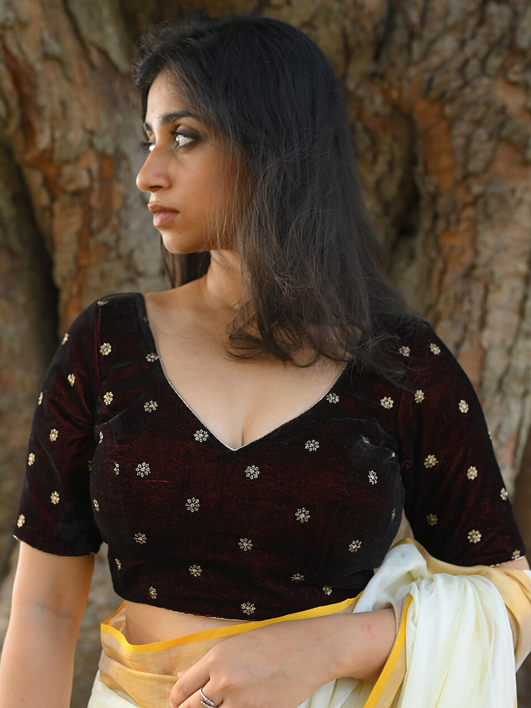 

HUTS AND LOOMS Embroidered Sequined V-Neck Velvet Saree Blouse, Maroon