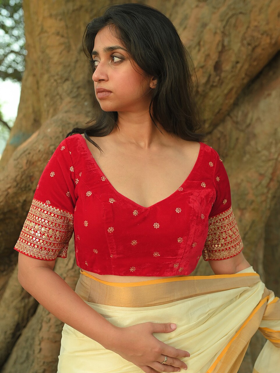 

HUTS AND LOOMS Embroidered Sequined V-Neck Velvet Saree Blouse, Red