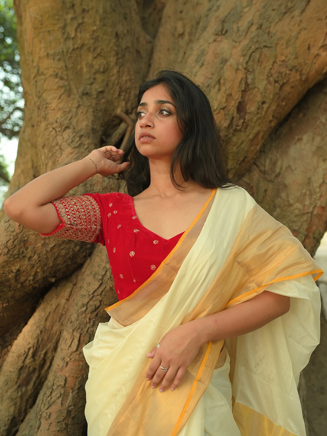 

HUTS AND LOOMS Embroidered Sequined V-Neck Velvet Saree Blouse, Red