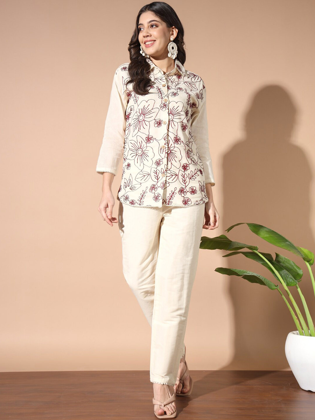 

GUFRINA Embroidered Shirt With Trouser, Cream