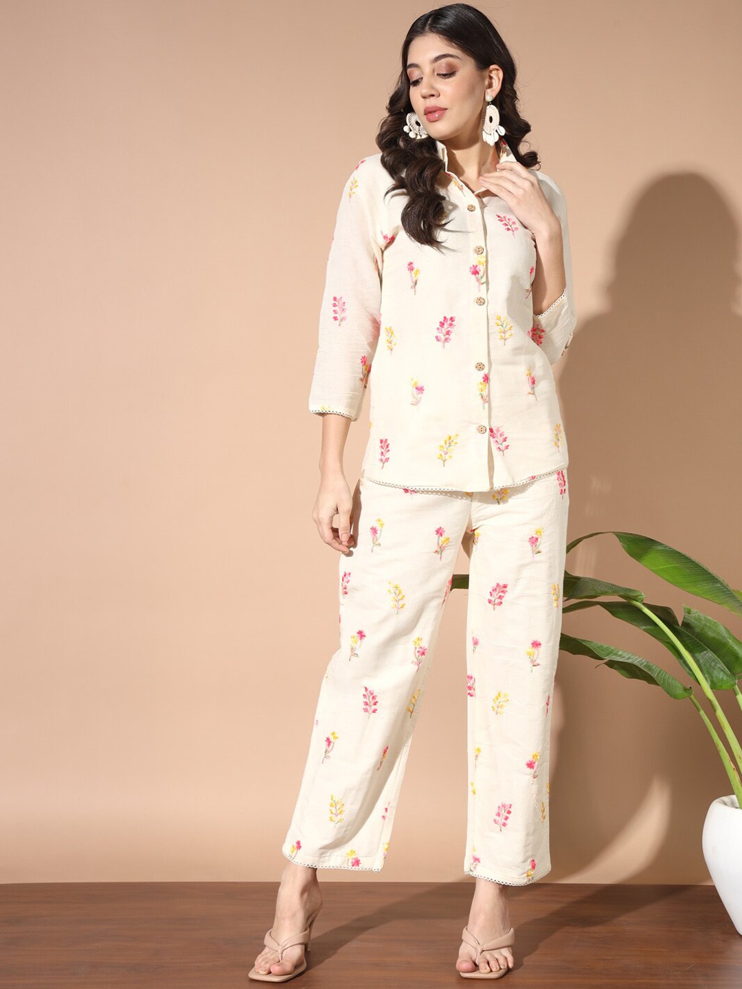 

GUFRINA Floral Embroidered Pure Cotton Shirt With Trousers, Cream