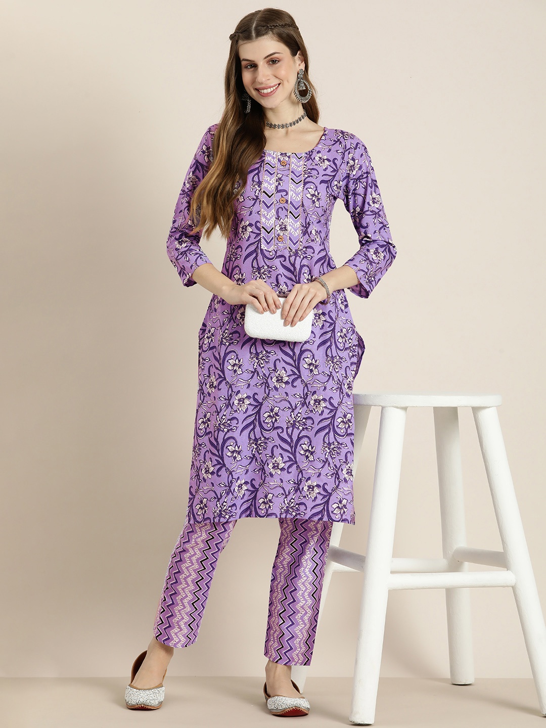 

HERE&NOW Women Floral Printed Gotta Patti Pure Cotton Kurta with Trousers, Purple