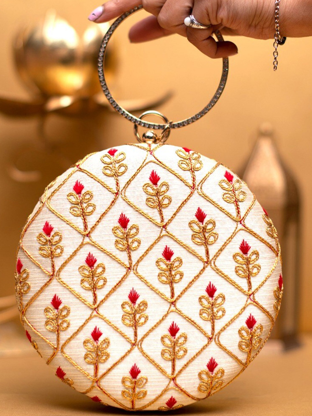 

ARTKLIM Embroidered Box Clutch, Cream