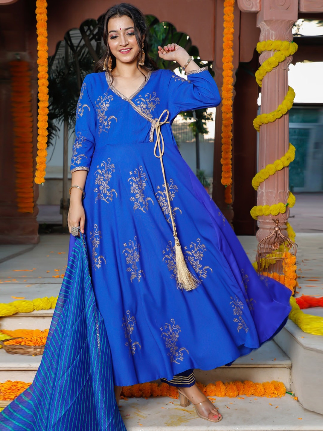 

Indi INSIDE Floral Block Printed Angrakha Gotta Patti Kurta with Trousers & With Dupatta, Blue