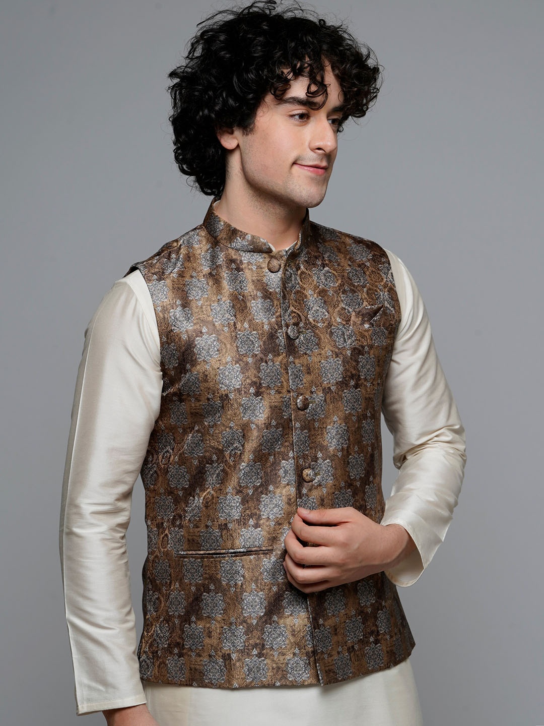 

MAAHI FABS Men Digital Floral Printed Ethnic Sleeveless Nehru Jacket, Brown