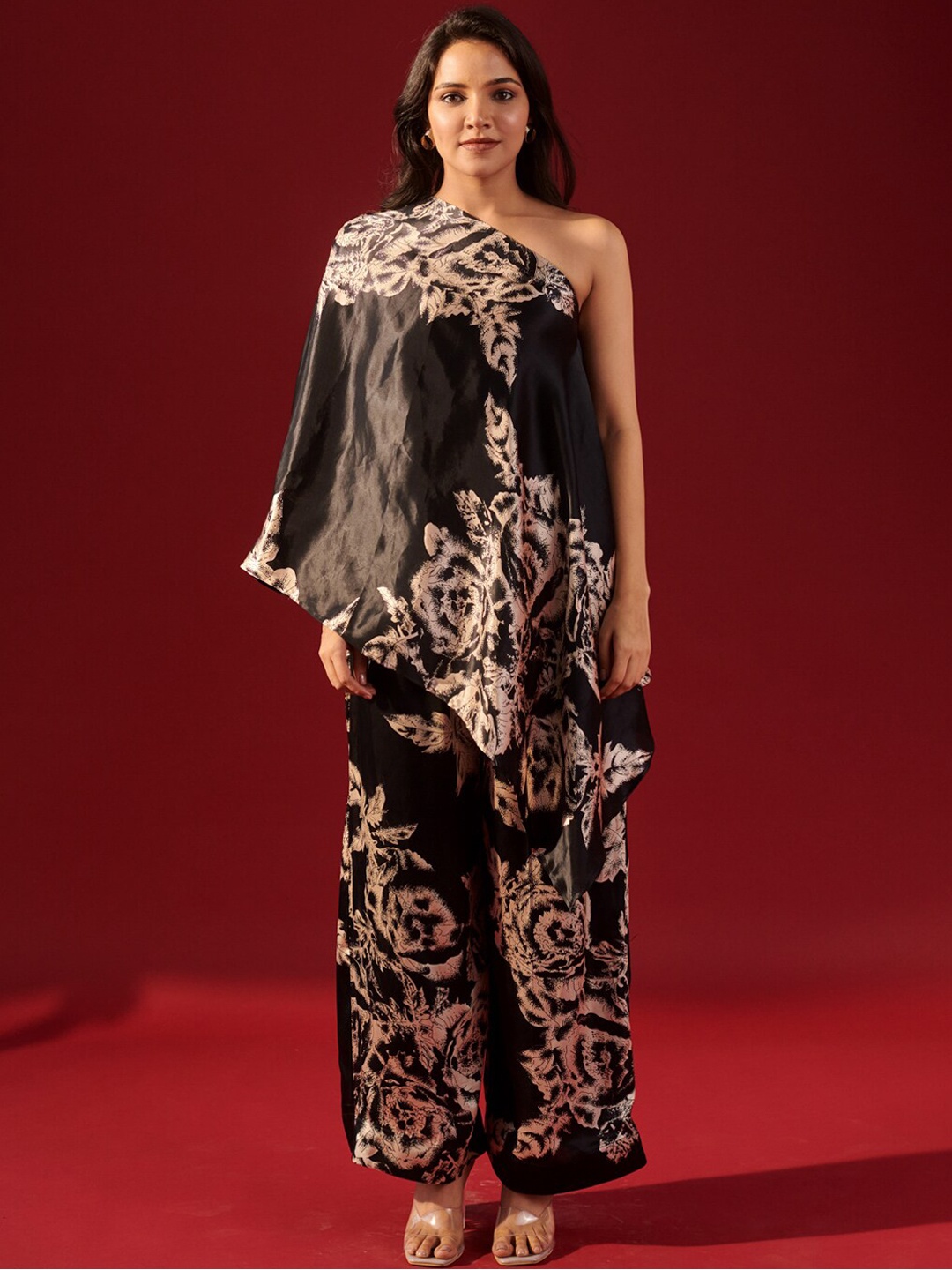

Ambraee Printed One Shoulder Top With Palazzo, Black