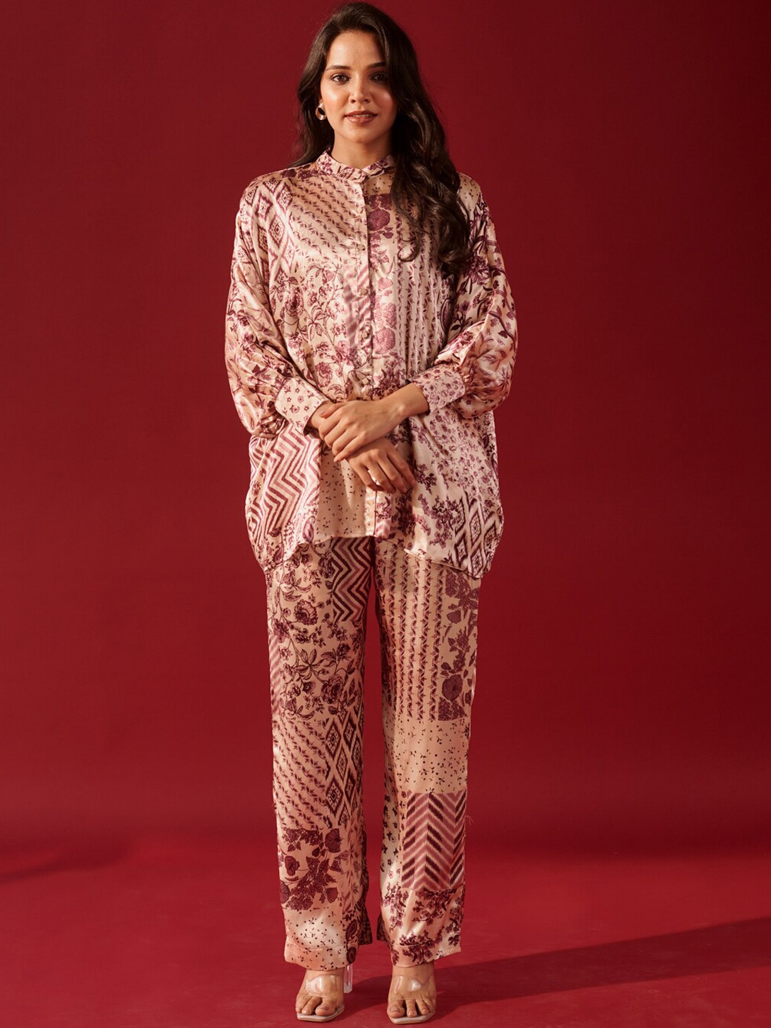 

Ambraee Floral Printed Shirt With Palazzo, Cream