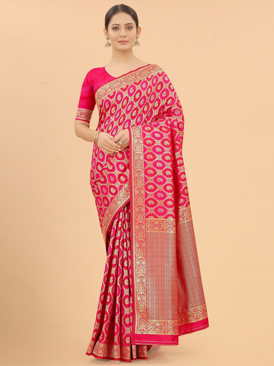 

koram design Ethnic Motifs Woven Design Zari Banarasi Saree, Pink