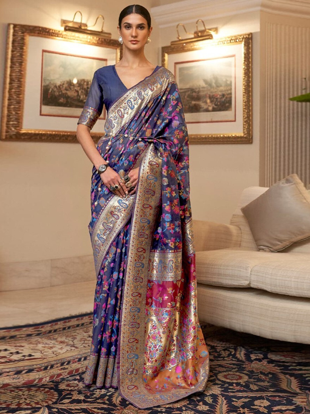 

koram design Ethnic Motifs Woven Design Zari Banarasi Saree, Navy blue