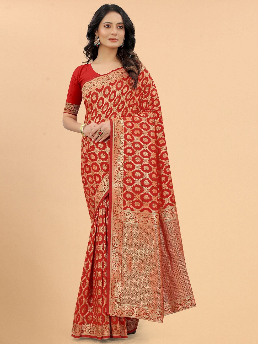 

koram design Ethnic Motifs Woven Design Zari Banarasi Saree, Red