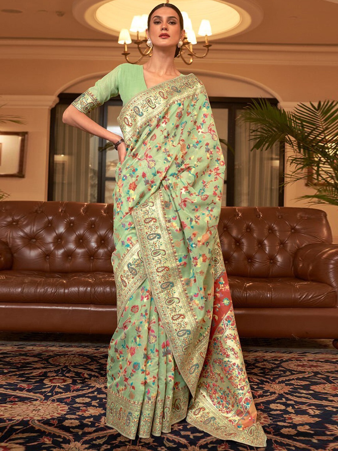 

koram design Woven Design Zari Banarasi Saree, Green