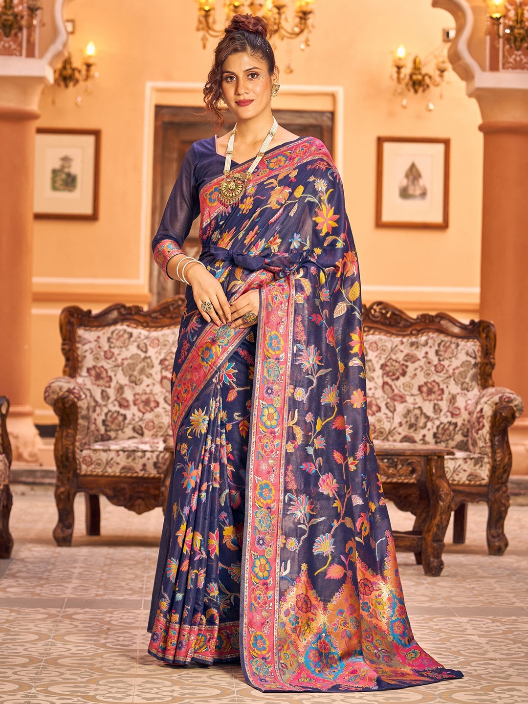 

koram design Floral Woven Design Zari Banarasi Saree, Blue