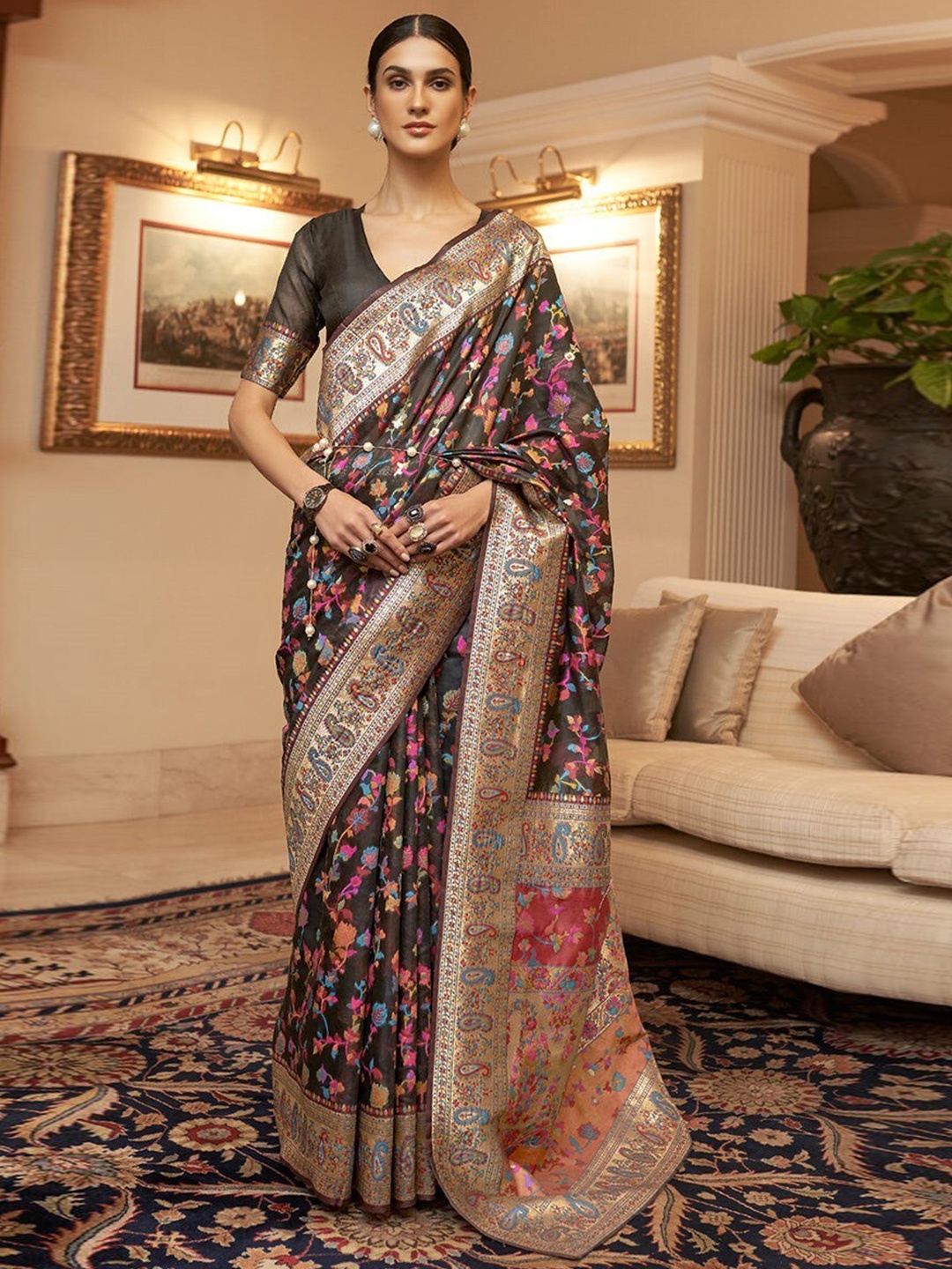 

koram design Woven Design Zari Banarasi Saree, Black