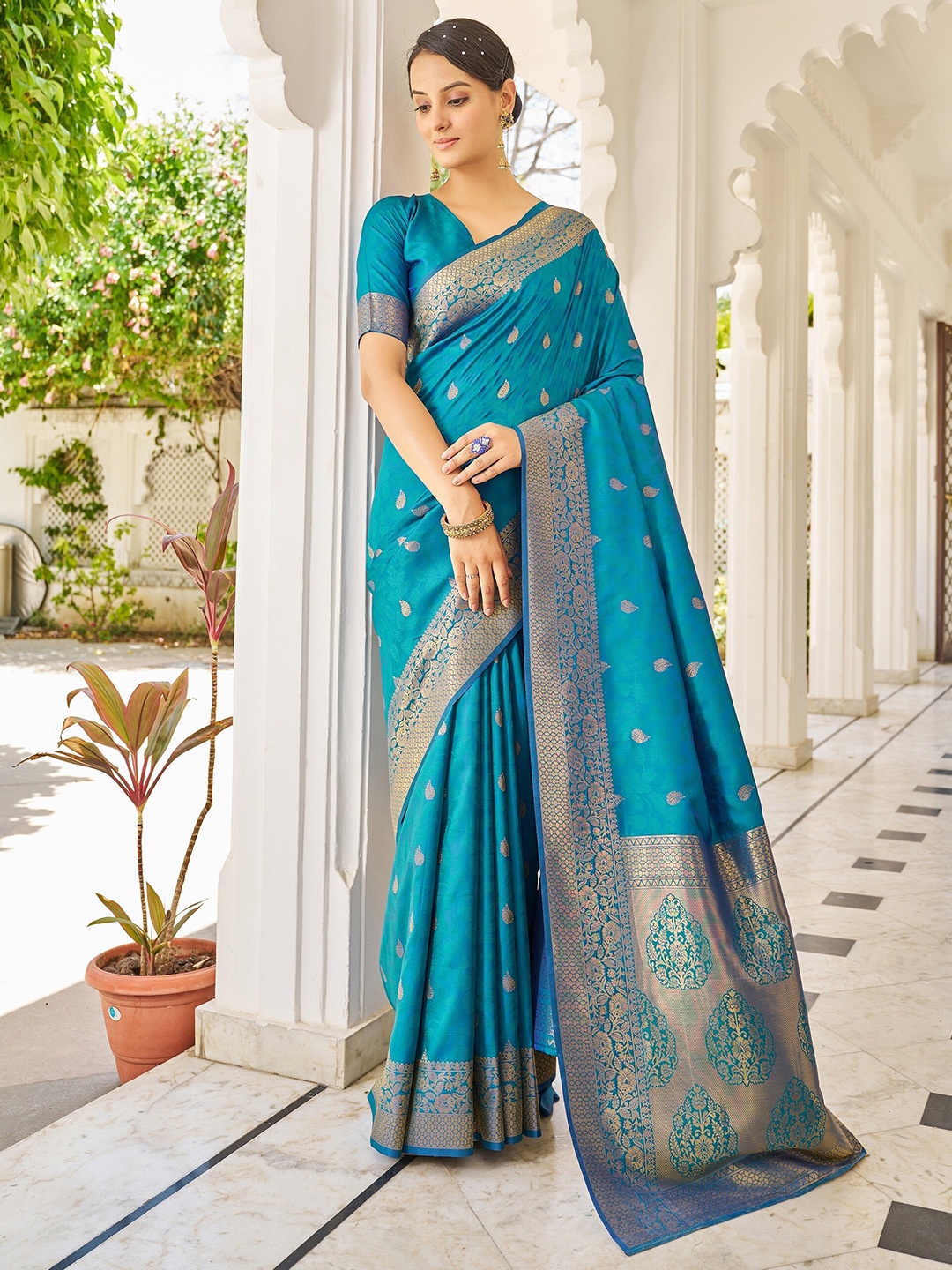 

koram design Ethnic Motifs Woven Design Zari Banarasi Saree, Teal