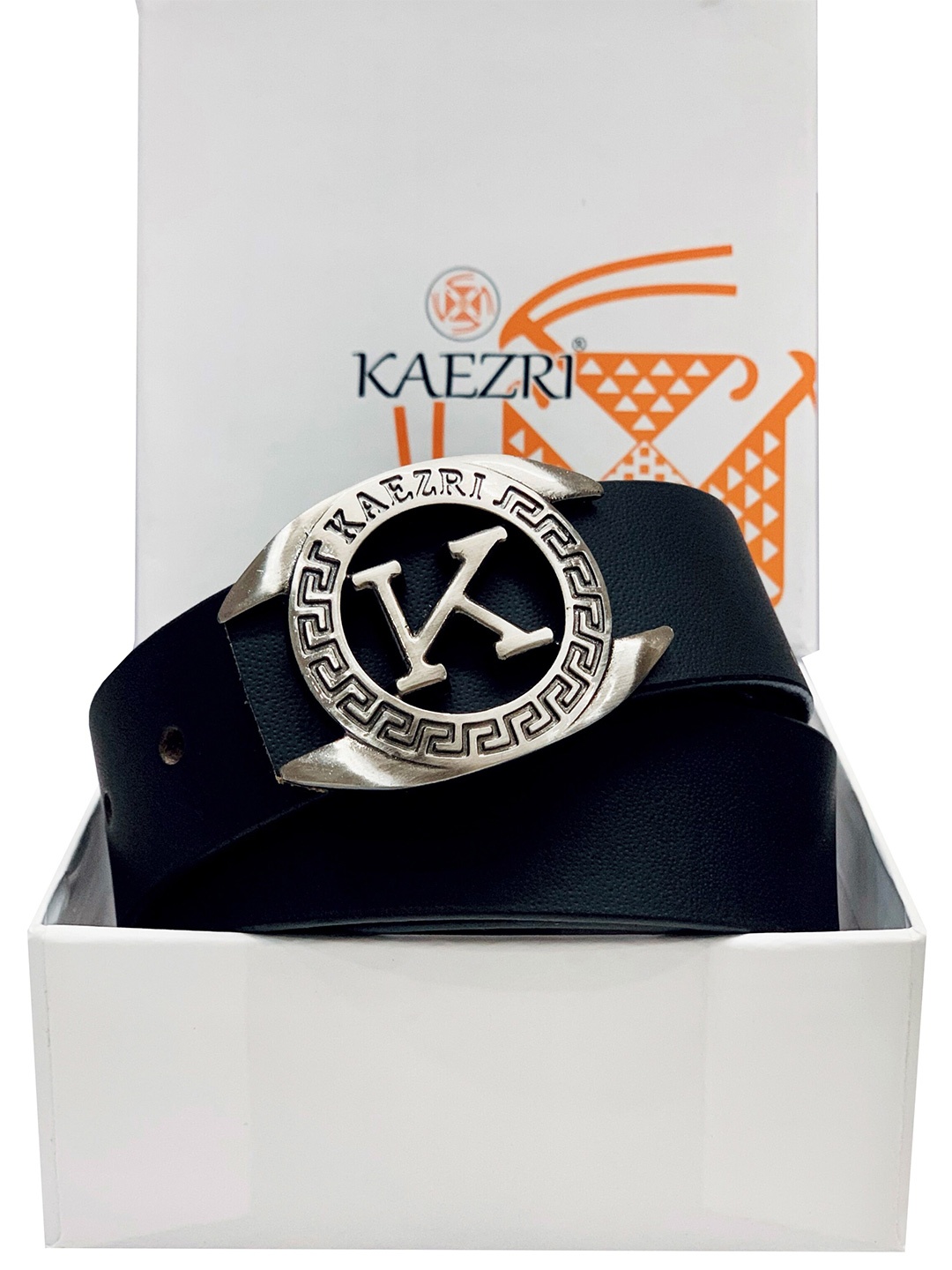 

KAEZRI Men Brand Logo Printed Leather Belt, Black