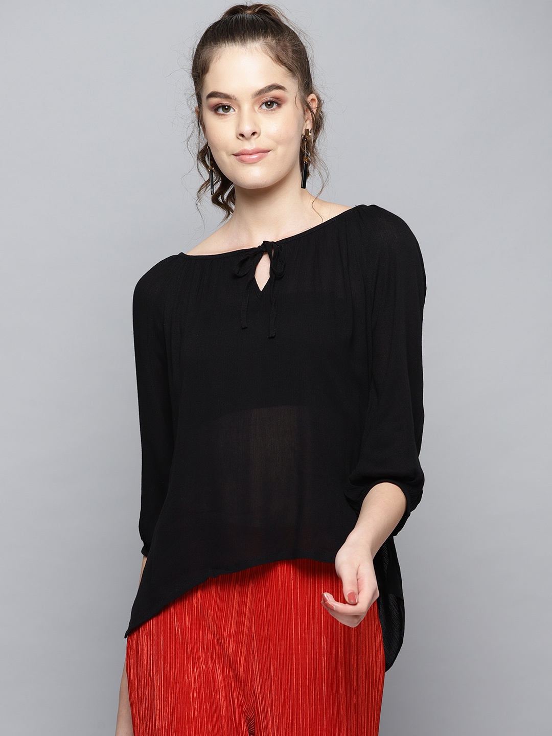 

Trend Arrest Keyhole Neck Cuffed Sleeves Sheer Top, Black