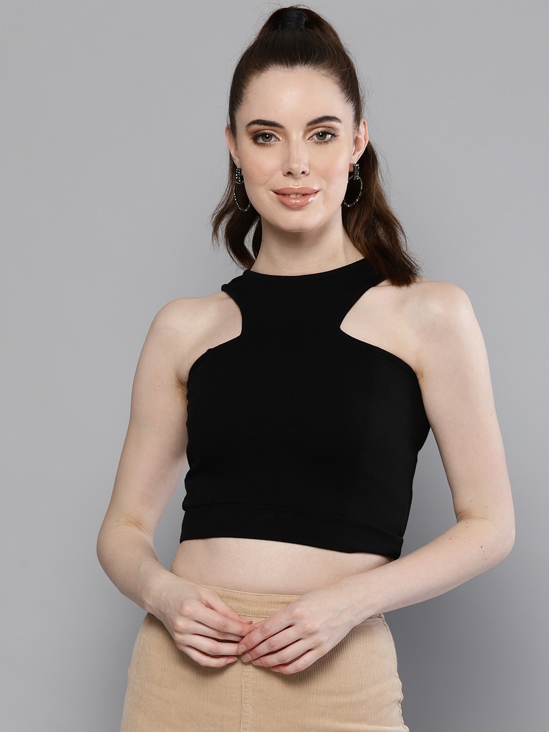 

Trend Arrest Round Neck Sleeveless Cotton Fitted Crop Top, Black