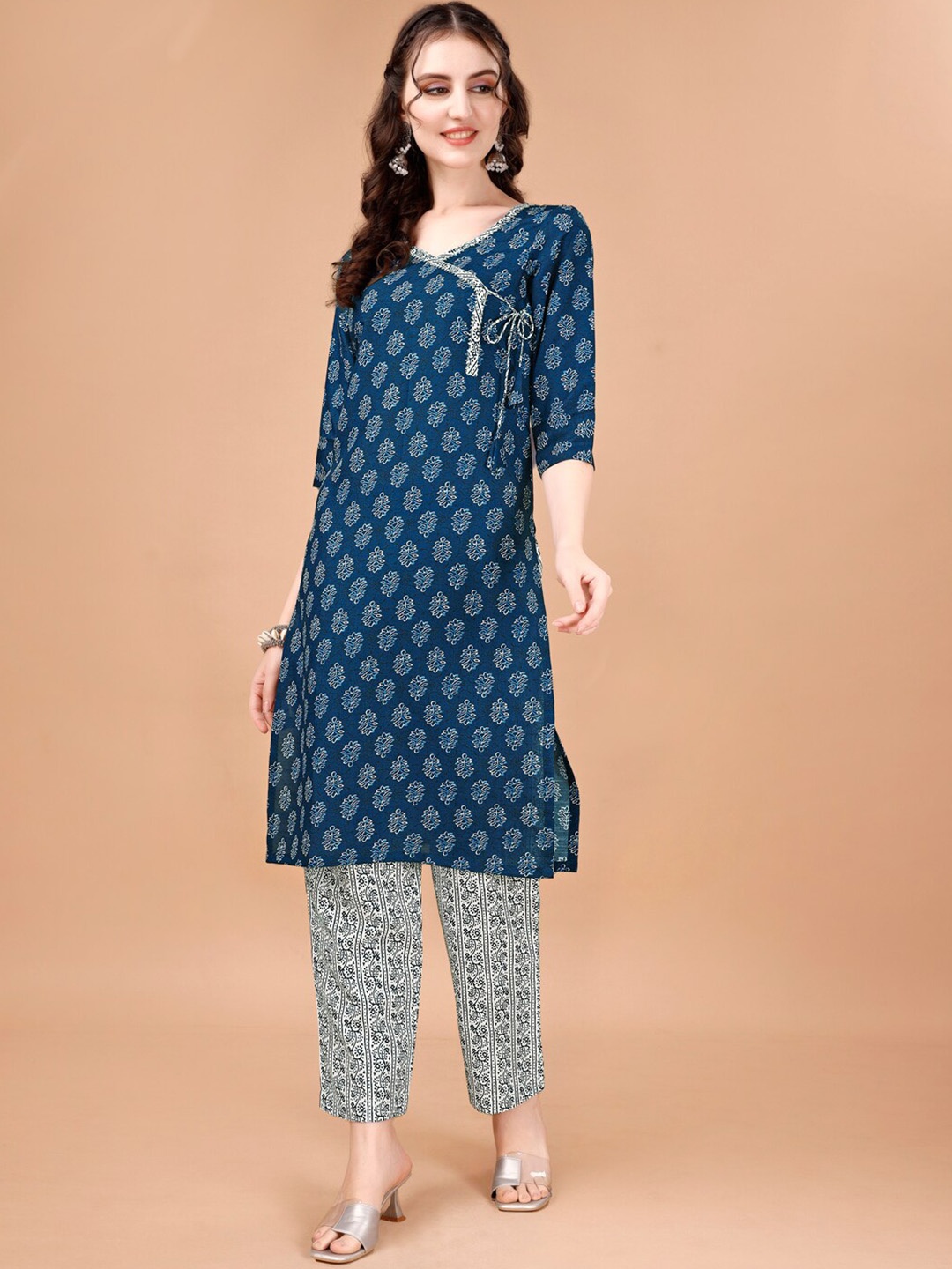 

KALINI Floral Printed V Neck Three-Quarter Sleeves Angrakha Kurta with Trousers, Blue