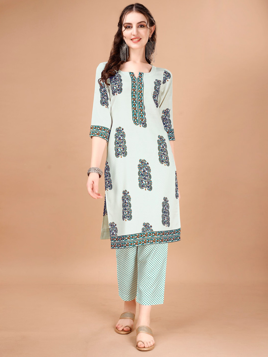 

KALINI Floral Printed Round Neck Three-Quarter Sleeves Kurta with Trousers, White