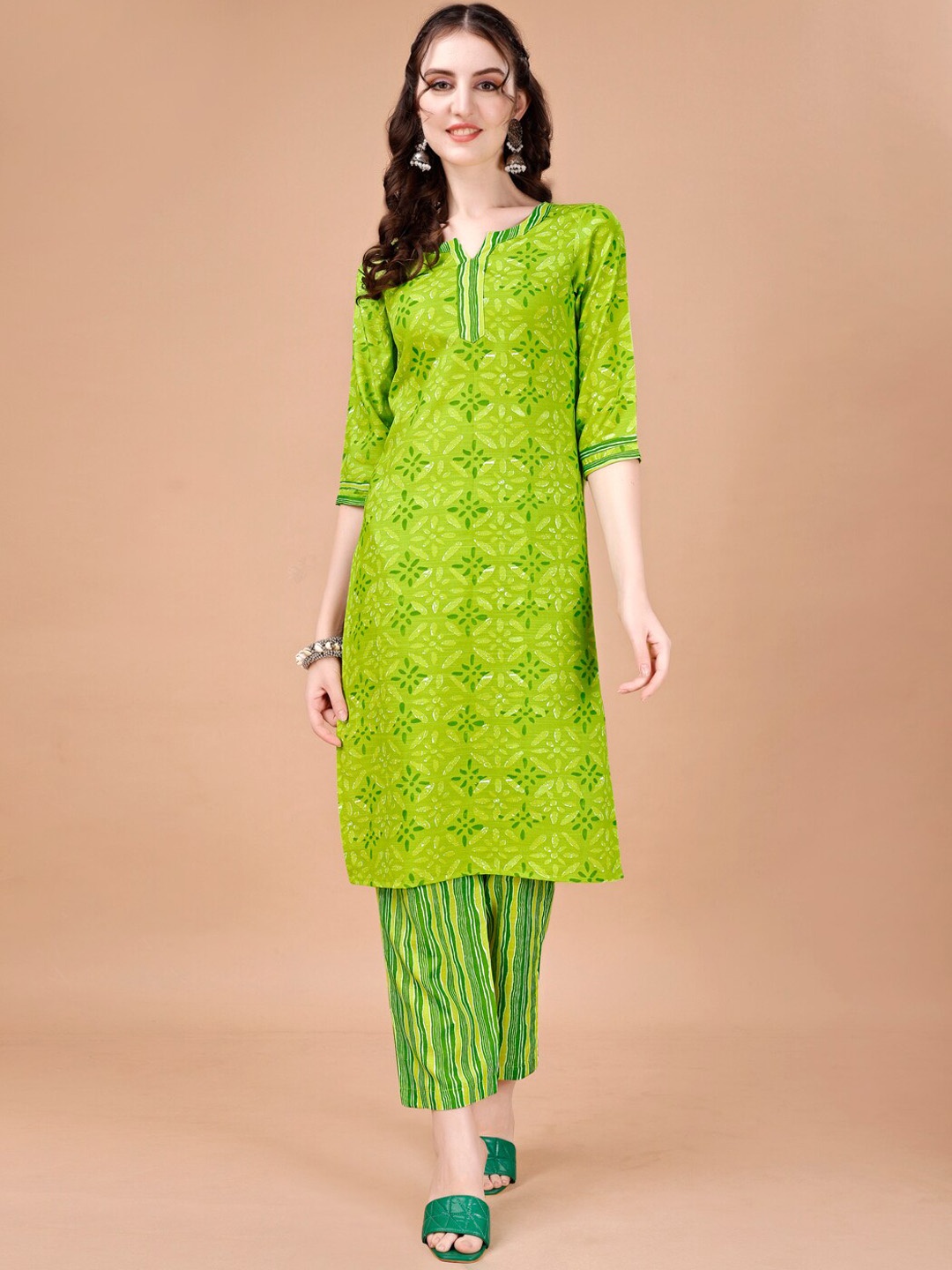 

KALINI Floral Printed Notch Neck Straight Kurta with Trousers, Green