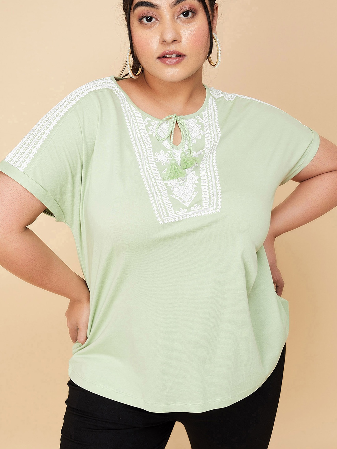 

max Plus Size Printed Extended Sleeves Cotton T-shirt, Green