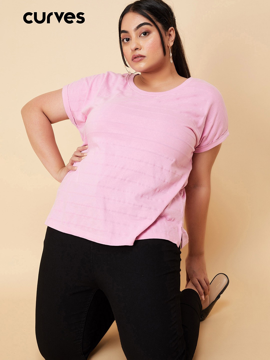 

max Plus Size Striped Cotton T-shirt, Pink