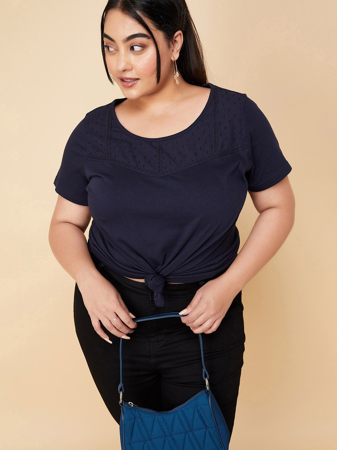 

max Plus Size Colourblocked Round Neck Short Sleeves Cotton Top, Navy blue