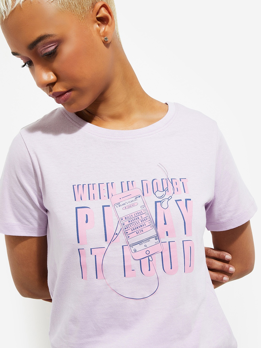 

max URB_N Women Typography Printed Round Neck Short Sleeves Cotton T-shirt, Purple