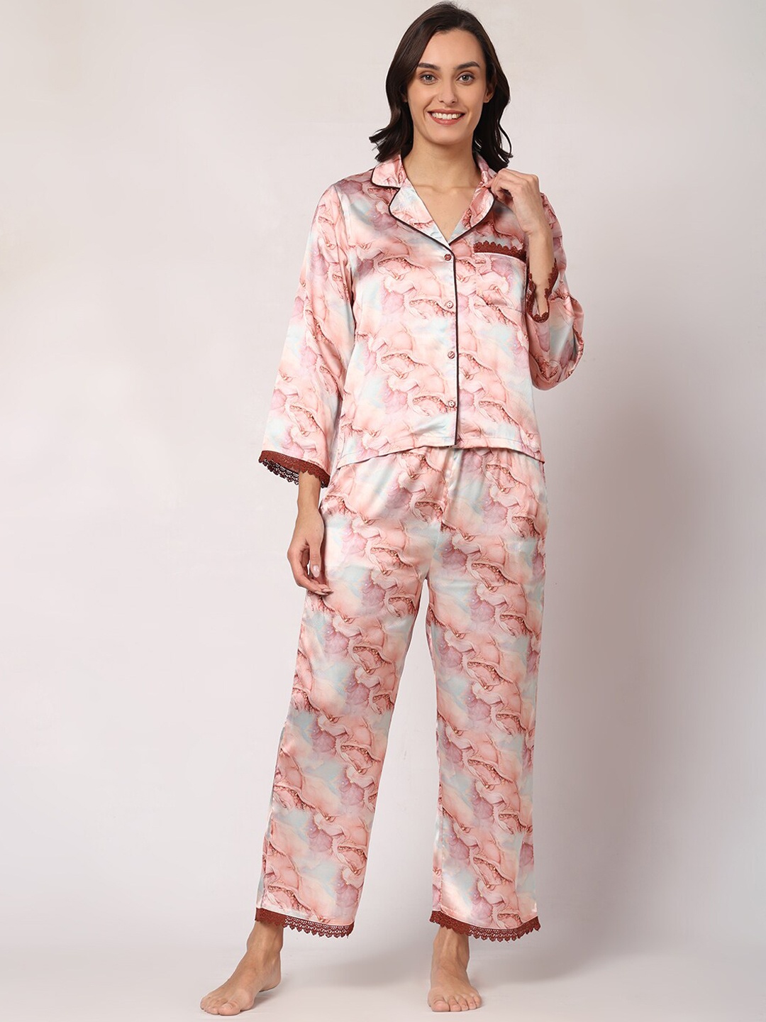 

GOCHIKKO Floral Printed Lapel Collar Shirt With Pyjamas, Copper