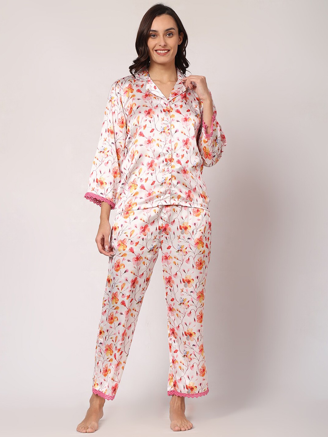 

GOCHIKKO Floral Printed Satin Shirt With Trouser, White