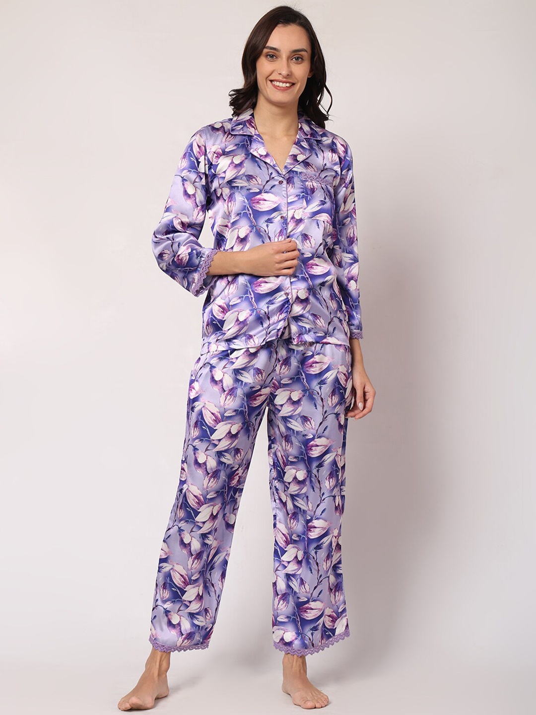 

GOCHIKKO Floral Printed Lapel Collar Shirt With Pyjamas, Purple