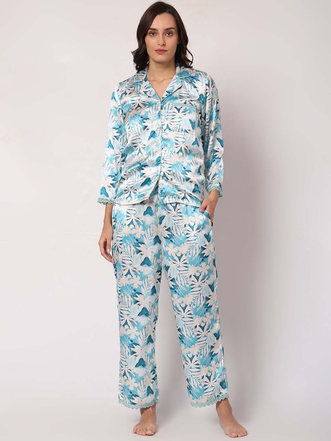 

GOCHIKKO Floral Printed Lapel Collar Shirt With Pyjamas, Blue