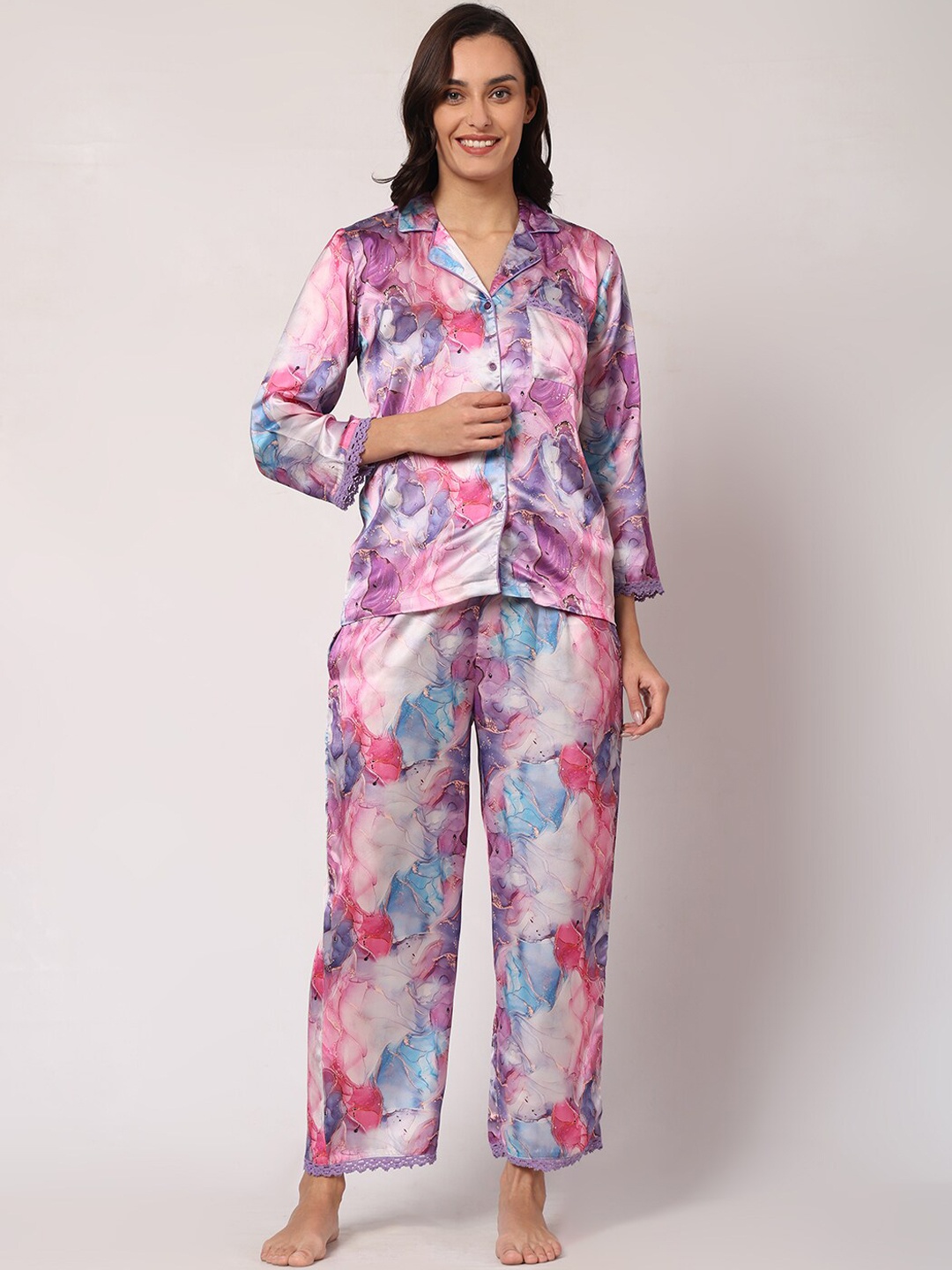 

GOCHIKKO Floral Printed Lapel Collar Shirt With Pyjamas, Lavender