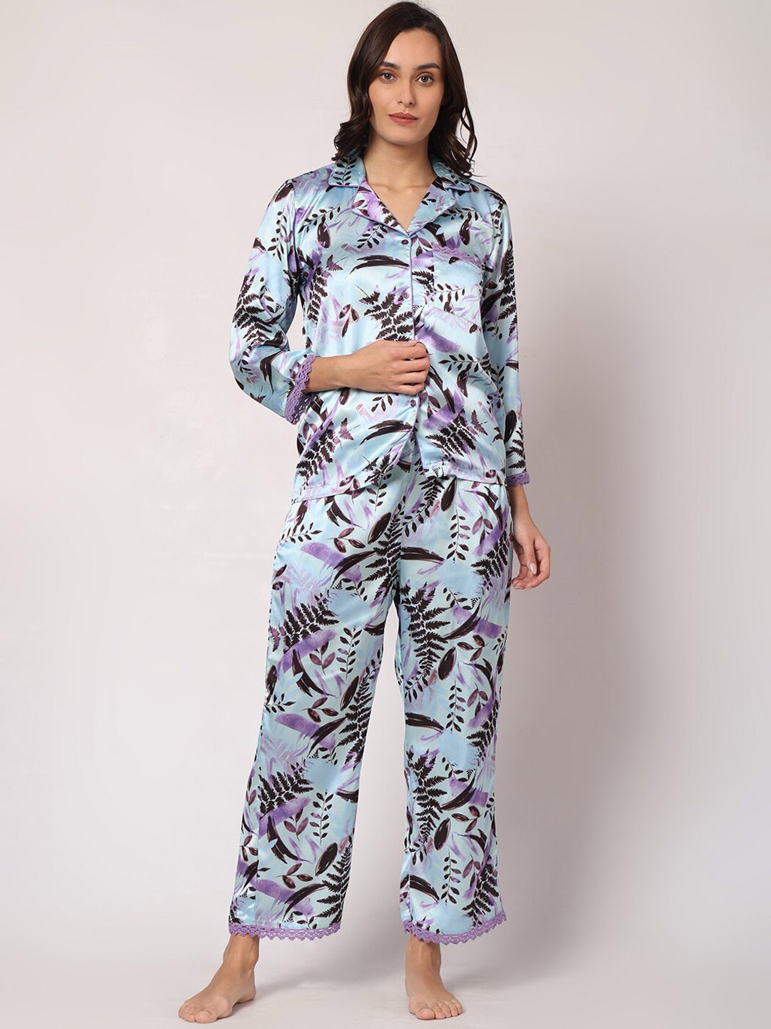 

GOCHIKKO Floral Printed Lapel Collar Shirt With Pyjamas, Turquoise blue