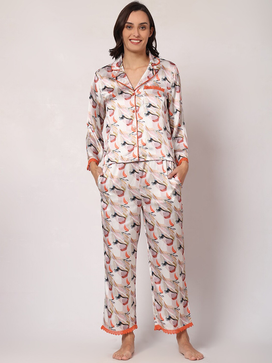 

GOCHIKKO Abstract Printed Satin Shirt With Trouser, Brown