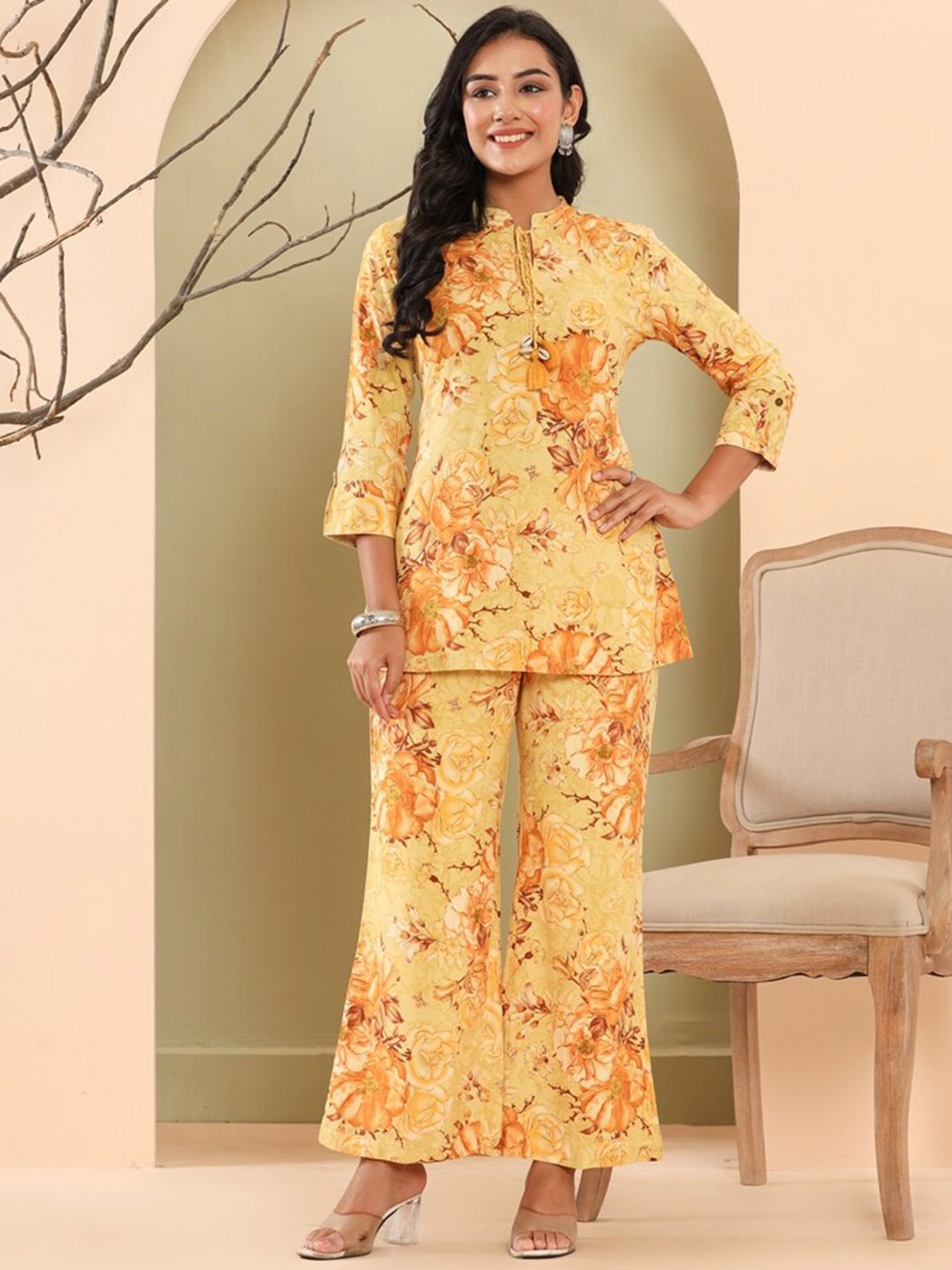 

Haute and Humble Floral Printed Tunic With Trousers Co-Ords, Yellow