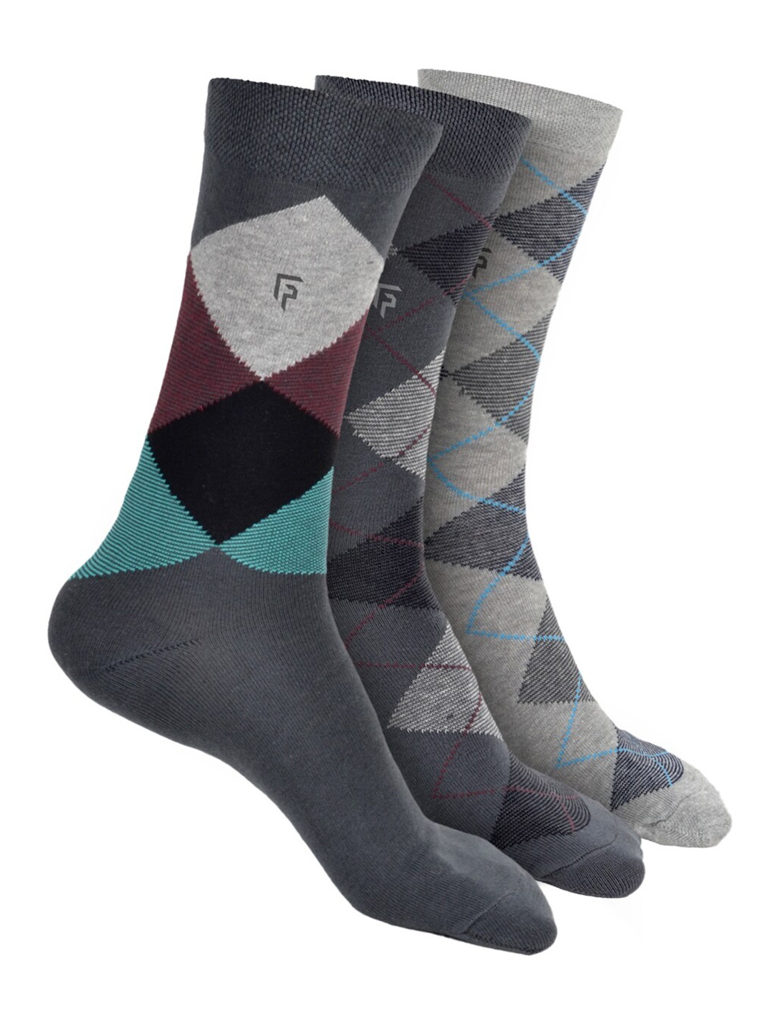 

FOOTPRINT Men 3 Pairs Argyle Anti Odour Organic Cotton Calf-Length Bamboo Formal Socks, Grey