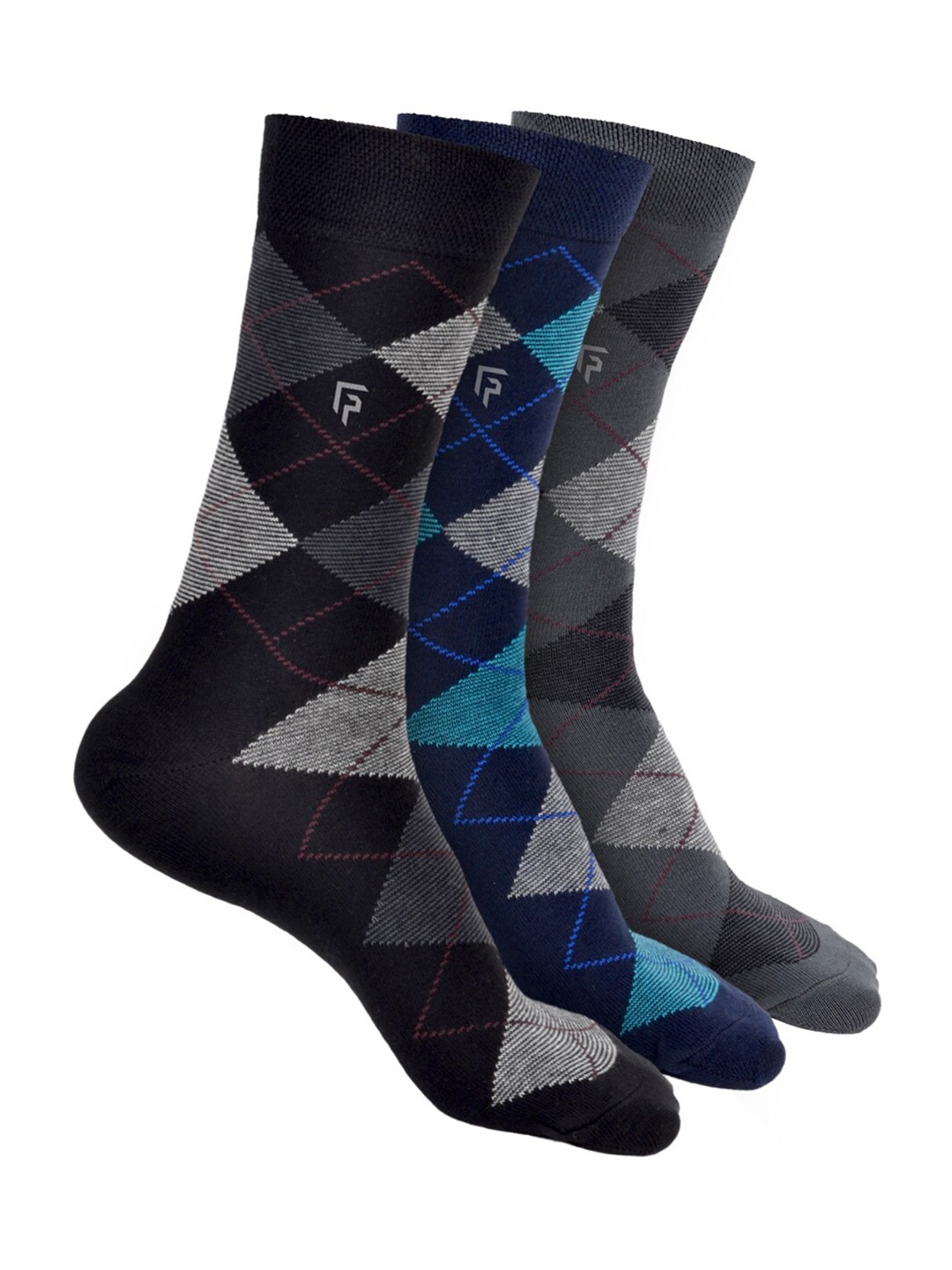 

FOOTPRINT Men 3 Pairs Argyle Anti Odour Organic Cotton Calf-Length Bamboo Formal Socks, Black