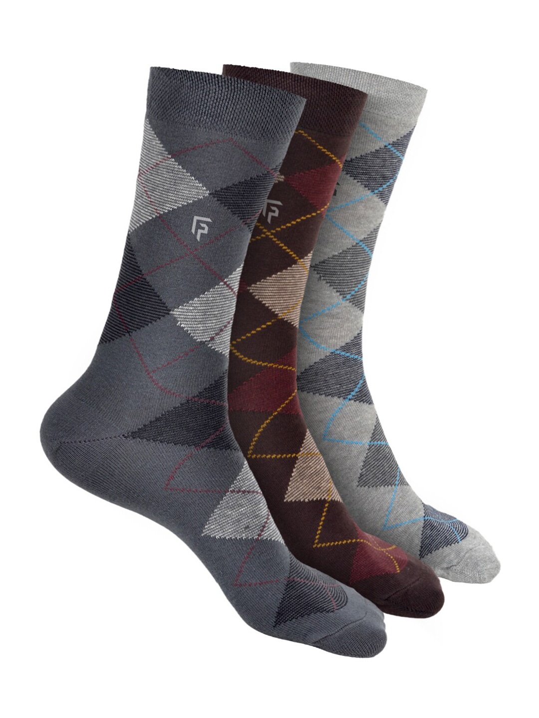 

FOOTPRINT Men 3 Pairs Argyle Anti Odour Organic Cotton Calf-Length Bamboo Formal Socks, Grey