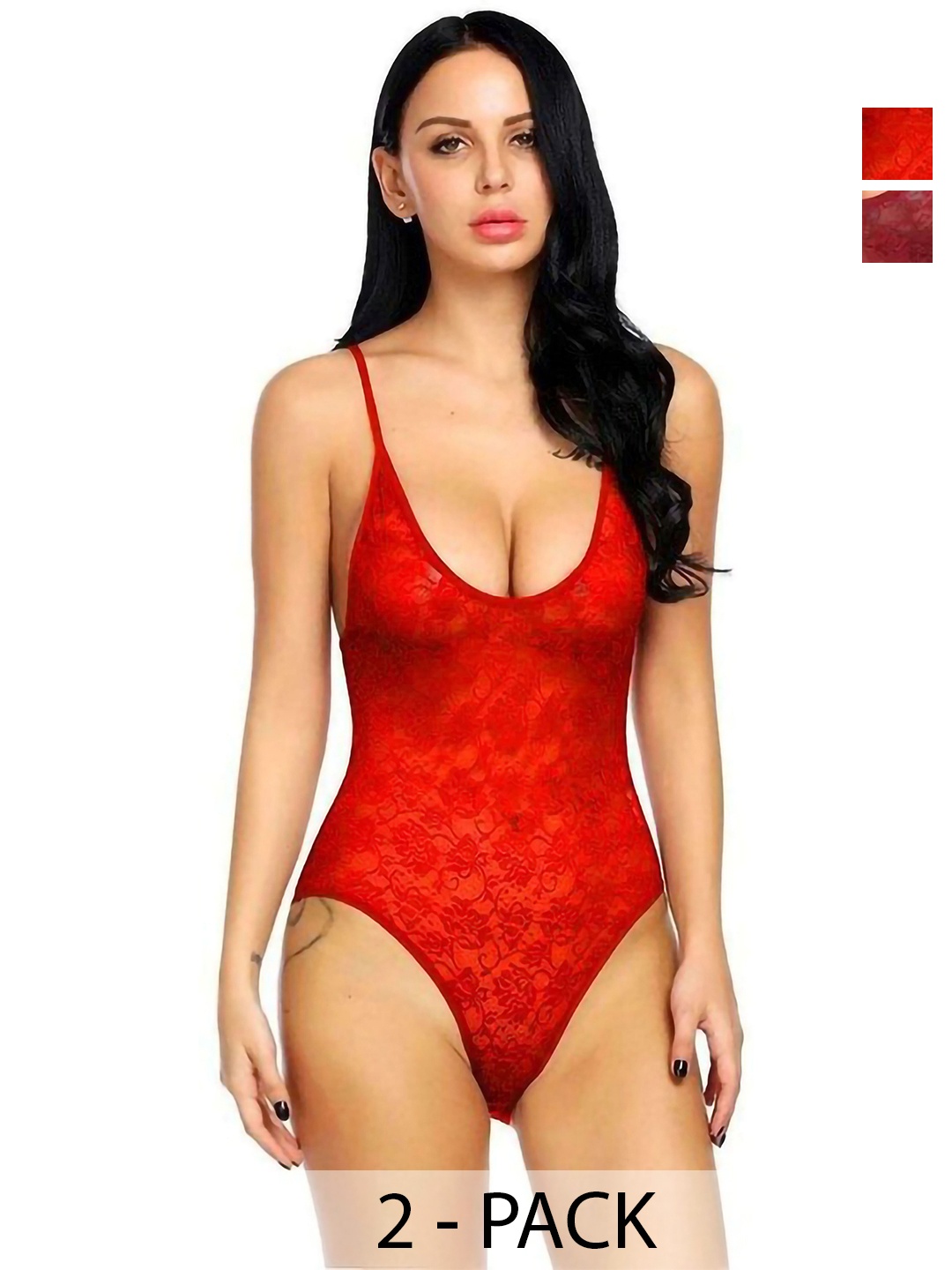 

Aamarsh Pack Of 2 Lace Self-Design Bodysuit, Red