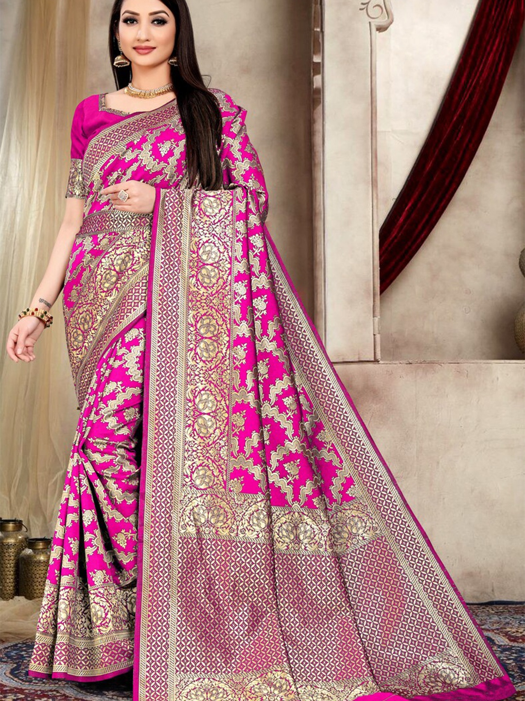 

ARYANARI Ethnic Motifs Woven Design Zari Banarasi Saree, Pink