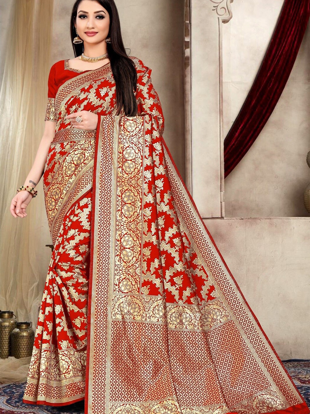 

ARYANARI Ethnic Motifs Woven Design Zari Banarasi Saree, Red